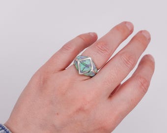 Bold 1980s Inlaid Gilson Opal & Sterling Signet Ring (Size 5.5)