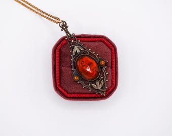 Antique Rose Cut Orange Czech Glass Filigree Necklace