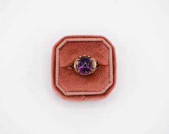 Antique Amethyst Glass Cabochon & Gold Filigree Ring (Size 4.25)