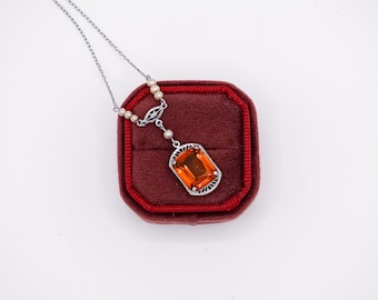 Antique Edwardian Rhodium Plated Emerald Cut Orange Glass Necklace