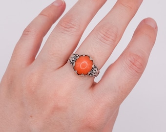 Antique Sterling Silver and Natural Italian Coral Ring (Size 7.5)