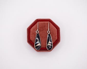 Artisan Signed Zuni Onyx & Opal Inlaid Teardrop Earrings