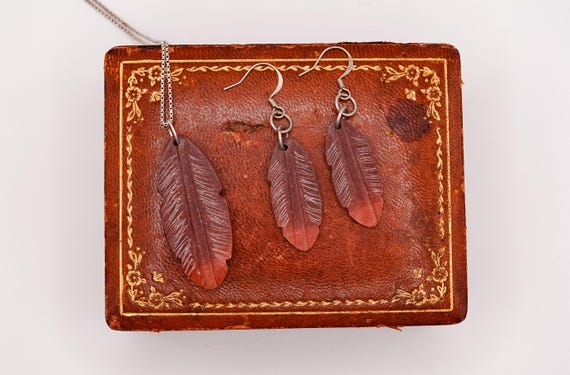 Southwestern Sterling & Red Stone Carved Feather Jewelry Set