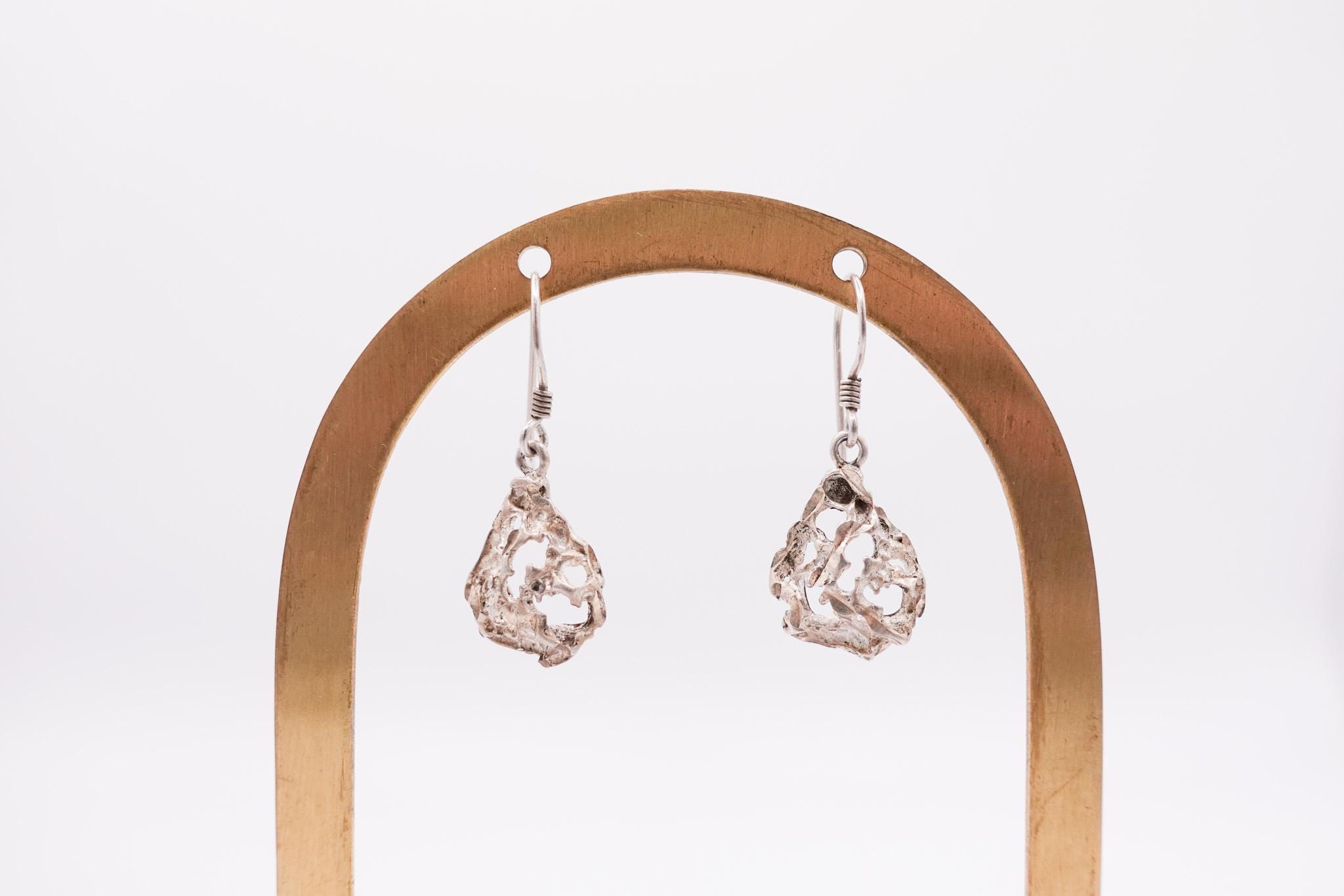 Boucles D'oreilles Pendantes Années 80 Style Brutaliste - Look Vintage Doré Et Argenté
