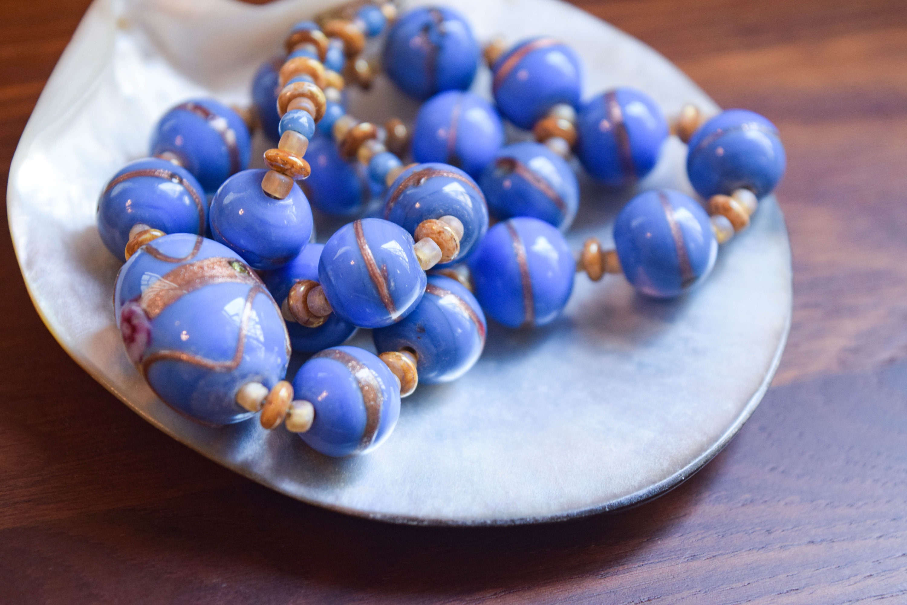 Vintage Czech Glass Beaded Necklace // Antique Blue and Bronze Etsy