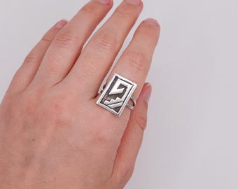 Vintage Signed Geometric Mexican Sterling Ring (Size 7)