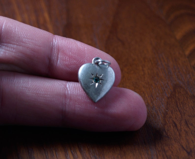 SALE Antique Victorian Puffy Heart Sterling Charm Monogram EB Heart Pendant with Green Paste Starburst Gypsy Setting