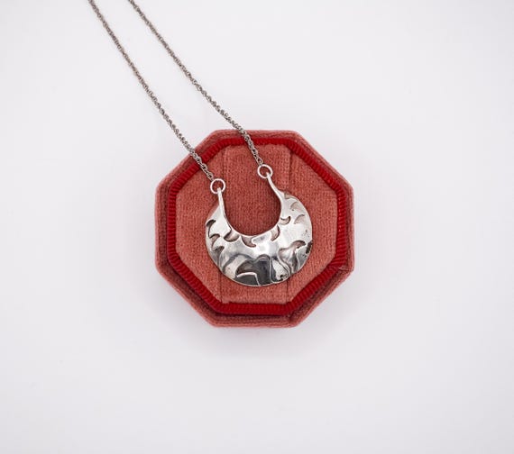 Artisan Signed Sterling Silver Modernist Crescent Necklace