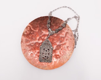 Antique Art Deco Sterling Silver Marcasite Lavalier Necklace