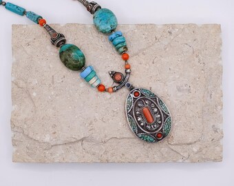 Tibetan Coral Turquoise and Sterling Silver Beaded Necklace