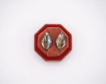 Pair of Early Mexican Sterling and Abalone Shell Leaf Earrings