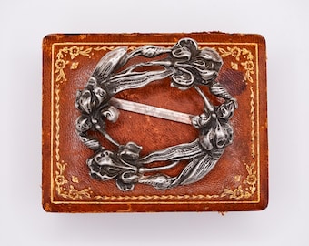 Antique Art Nouveau Sterling Iris Flower Belt Buckle