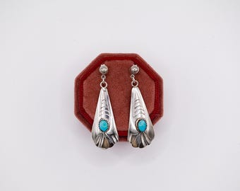 Signed Navajo Sterling Silver & Turquoise Stamped Earrings