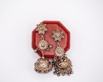 Rajasthani Indian Sterling Silver Chandelier Bell Earrings
