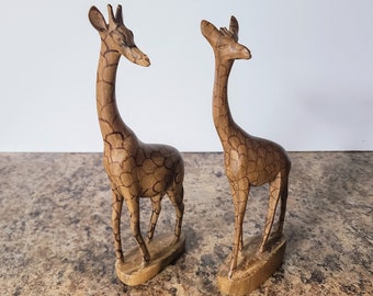Two Vintage Wooden Giraffes, Hand Carved Olive Wood, Made In Kenya Africa