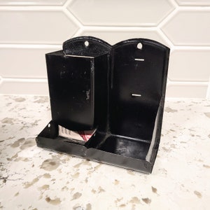 Antique Hanging Wall Matchbox Holder, Late Victorian, Pressed Steel & Black Enamel