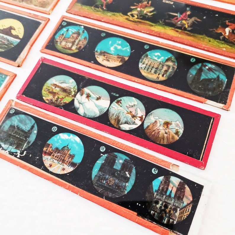 Collection shops of 17 Antique Magic Lantern Glass Slides, circa 1900