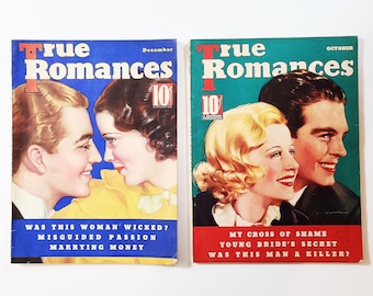 Two 1930s 'True Romances' Magazines, Ladies Gossip Pulp Mags, December 1935, October 1936, 10 Cent Covers