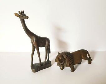 Pair Of Vintage Hand Carved Wooden Animals, Giraffe & Lion Sculptures