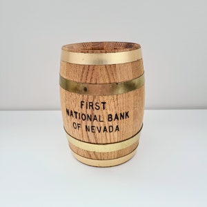 Vintage Coin Bank &#39;First National Bank Of Nevada&#39; Wooden Savings Bank, With Combination Lock, Working, Like New