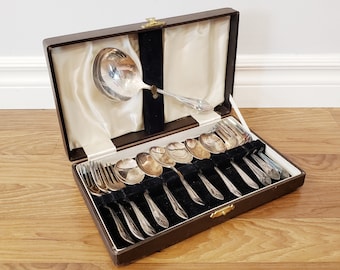 Vintage 13 Piece C.W. Fletcher 'Orchid' Silverplated Dessert Set, With Fitted Velvet Lined Case