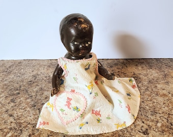 Vintage Reliable Doll, Sitting Topsy Black Doll With Clothes, Composition Creepy Black Doll, Made In Canada