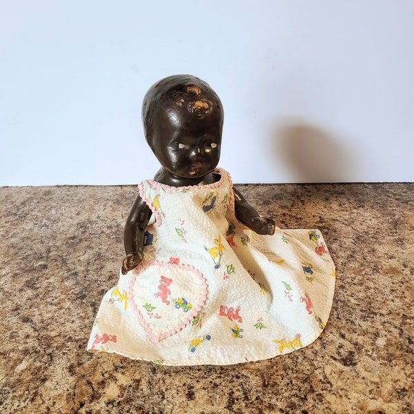 Vintage Reliable Doll, Sitting Topsy Black Doll With Clothes, Composition Creepy Black Doll, Made In Canada