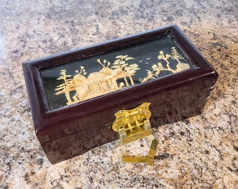 Vintage Chinese Lacquered Trinket Box, Jewelry Box With Cork Diorama Art on Lid, With Lock & Key