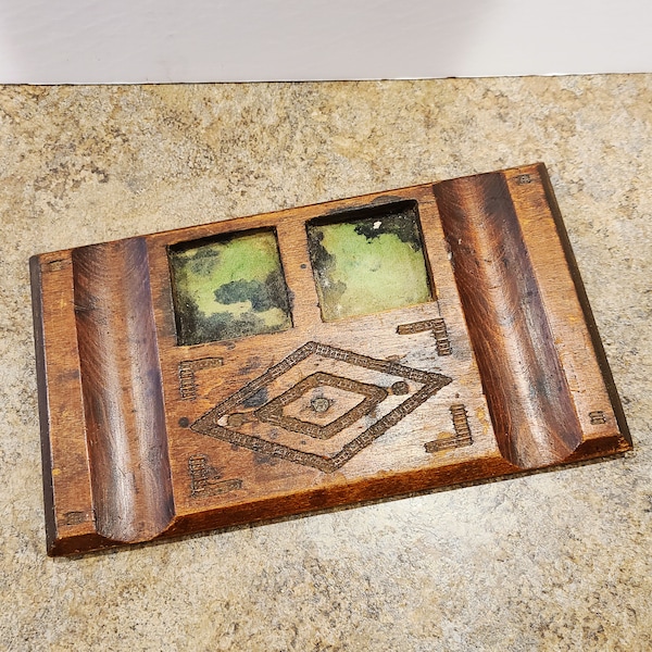 Antique Wooden Table Ink Pot Stand With Pen Holders, Wood Inkstand For Dual Square Ink Bottles