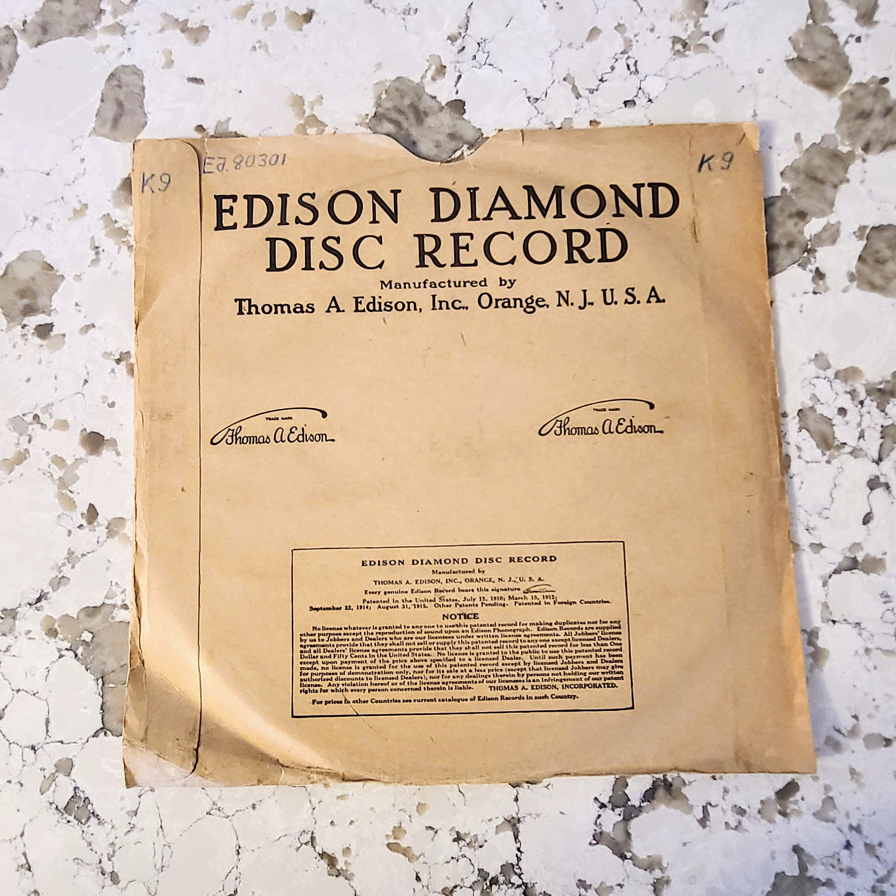 オルゴール　EDISON ヴィンテージ Antique Edison Diamond Disc, 1916, Disc #80301, With Paper