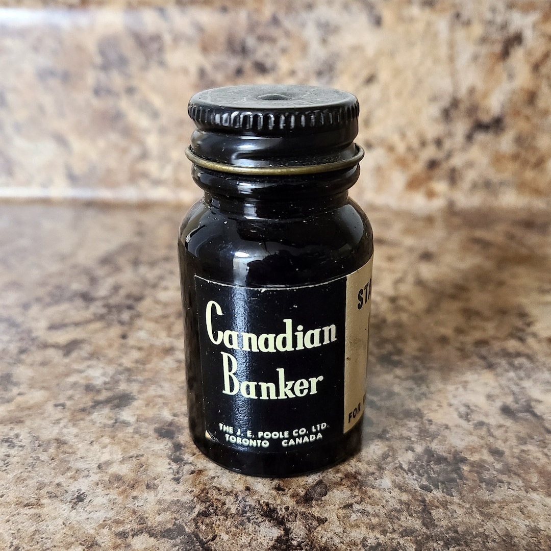 Vintage Canadian Banker Ink Bottle, Black Stamp Pad Ink for Rubber