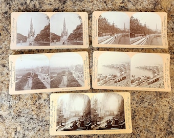 Cinco cartões originais antigos de estereoscópio Stereoview, Keystone View Company, 1897-1901
