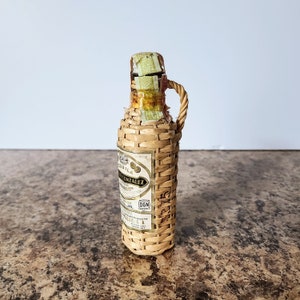 Vintage Mini Tequila Bottle, &quot;Jalisco&quot; Eucario Gonzalez, Wicker Wrap, Empty Bottle, Made In Mexico