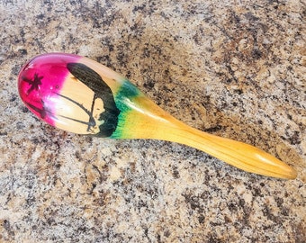 Vintage Wooden Maraca Instrument, Red & Green With Island Imagery