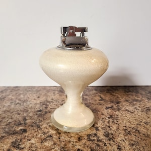 1950s Glass Table Lighter, Hand Blown Glass, White & Gold, Lighter Made In Japan, Works Great!