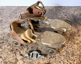Vintage 1940s Dominion Steel Roller Skates, Model 24, with Leather Straps, Made In Canada, With Original Key/Chuck