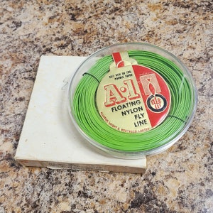 Rara línea de mosca de nylon flotante AL&W 1950s A-1, hecha por Allcock Laight y Westwood Ltd., con caja de cartón original