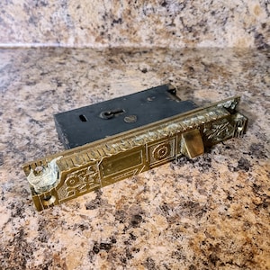 Antique Brass Rabbeted Mortise Lock Set, Thumblatch Hub Opener, Circa 1890