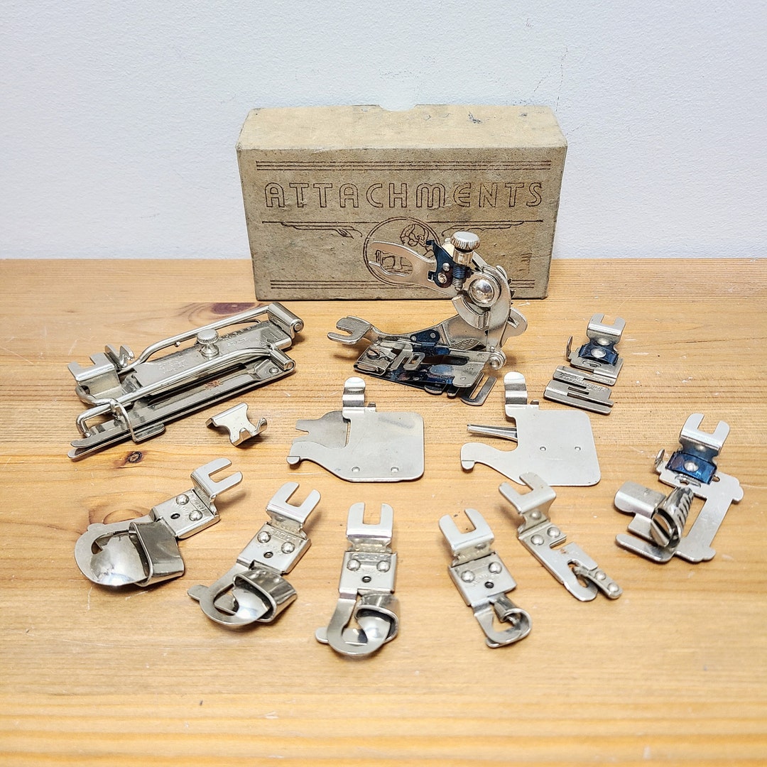 Vintage Greist Sewing Machine Attachments, 12 Piece Set, Hemmers, Ruffler, Tucker, Binder