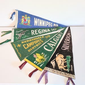 Flâmulas de feltro canadenses vintage da década de 1950, Winnipeg, Regina, Silverton, Calgary, Kerrisdale Campori 1959, flâmulas grandes de 22" de comprimento