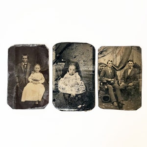 Three Antique Tintype Photographs, 1/6 Plates, Children & Men Posing