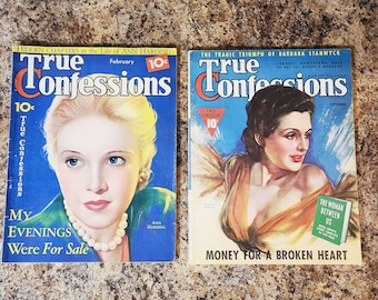 Pair Of 1930s 'True Confessions' Magazines, Ladies Gossip Fashion Mags, February 1936, September 1938, 10 Cent Covers