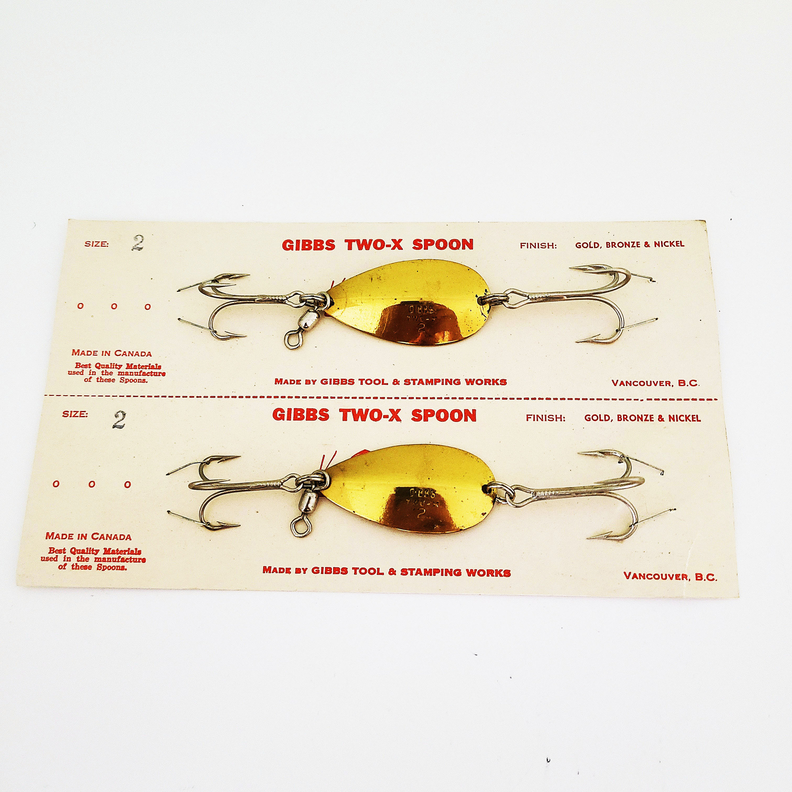 Vintage Gibbs Two-x Spoon Fish Hook Size 2, Pack of Two, on Original Card,  Fishing Tackle, Made in Canada -  Canada