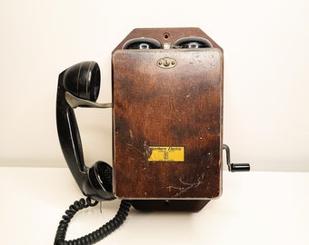 1933 Northern Electric Telephone, Model 717 Hand Crank &#39;N717AH&#39;, Wall Mount Phone In Oak Wood Box, Complete, Bells Work, Made In Canada
