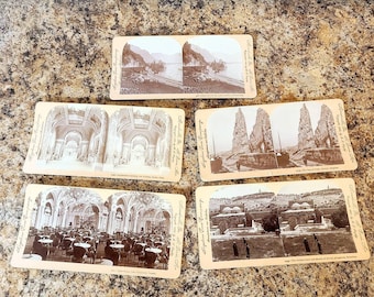 Lote de cinco cartões originais antigos de estereoscópio Stereoview, Keystone View Company, 1896-1900