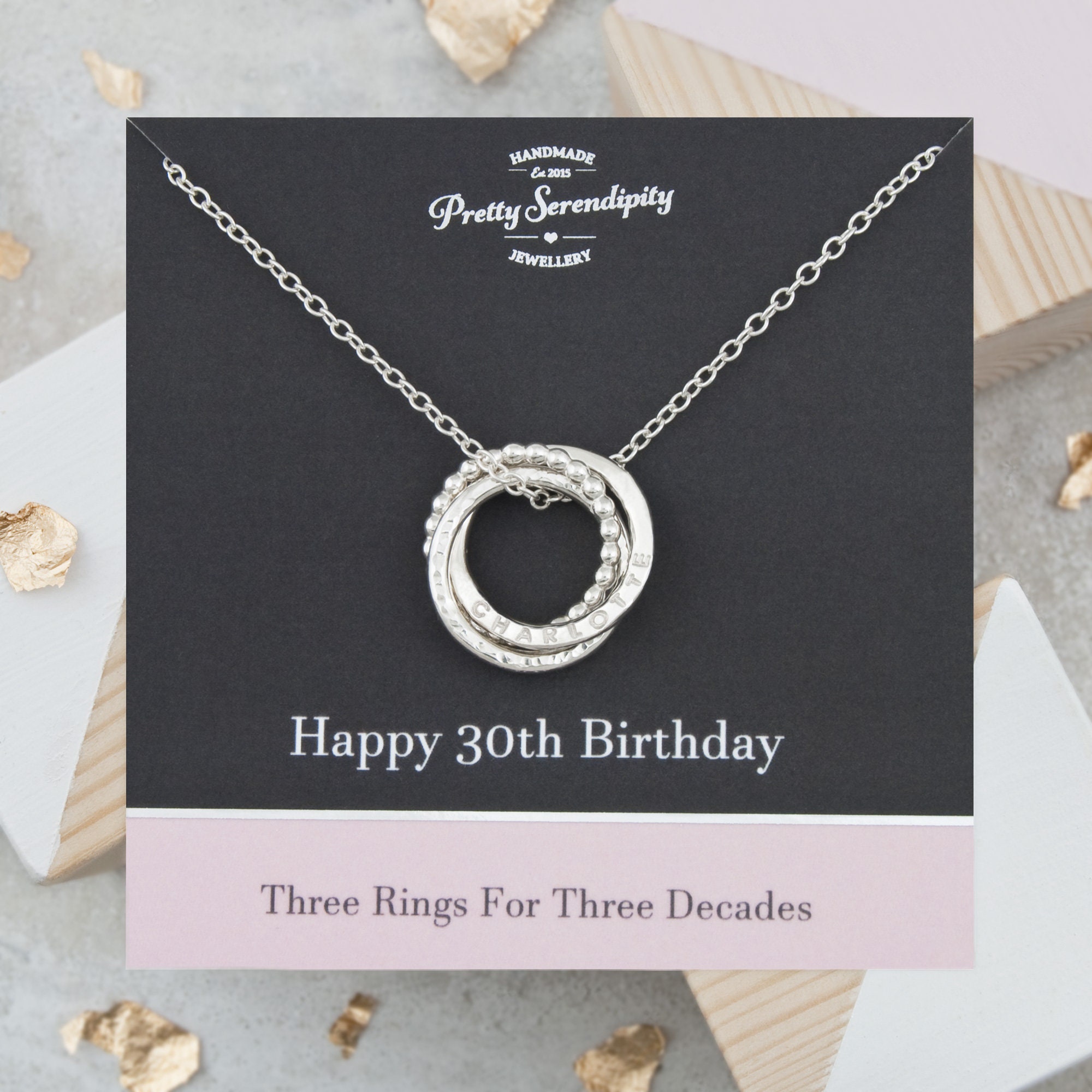 30Th Birthday Necklace - Personalised With Girl’s Name, Gift For Daughter, 3 Rings Decades