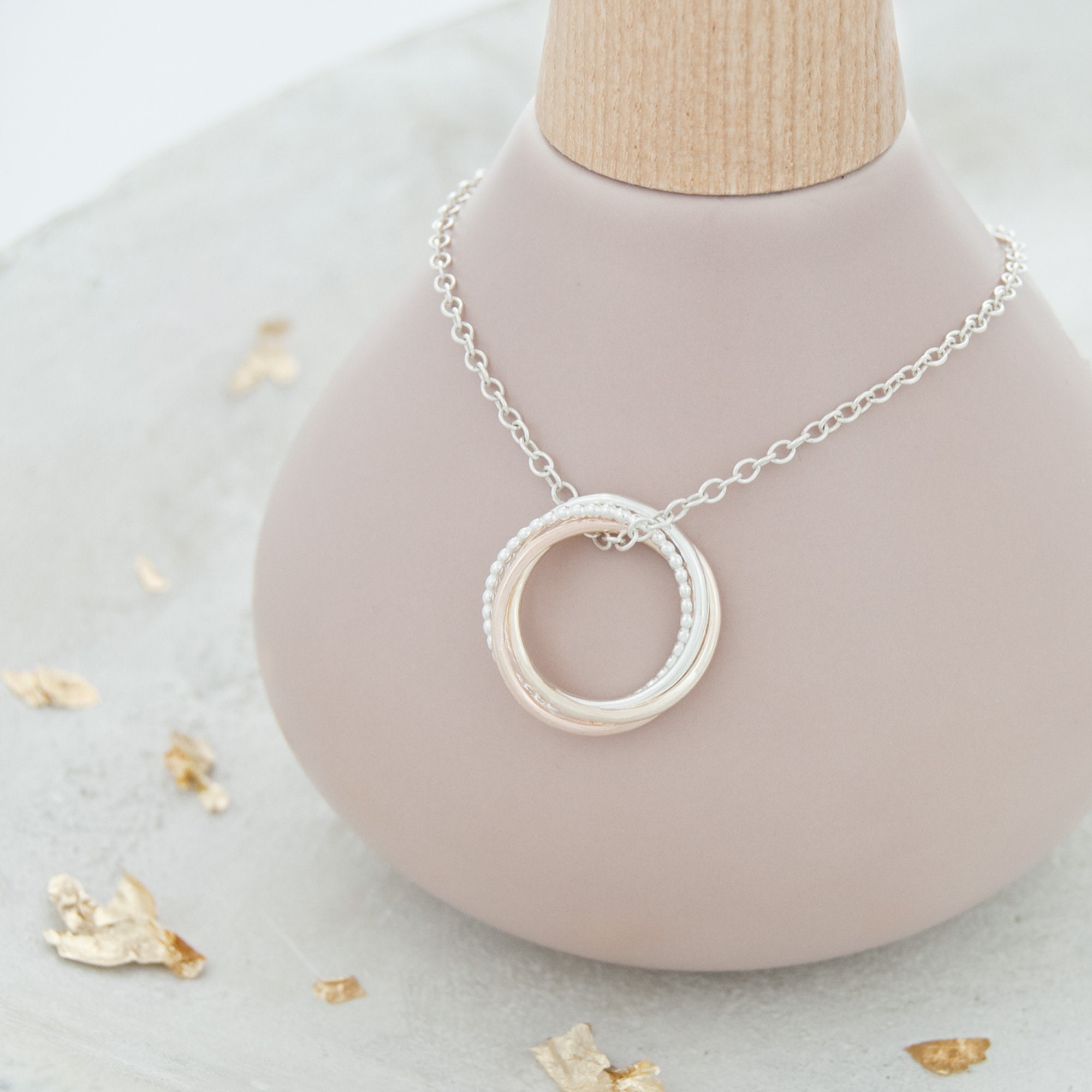 40Th Birthday Necklace - 9Ct Solid Gold & Sterling Silver, Gift, 4 Rings For Decades