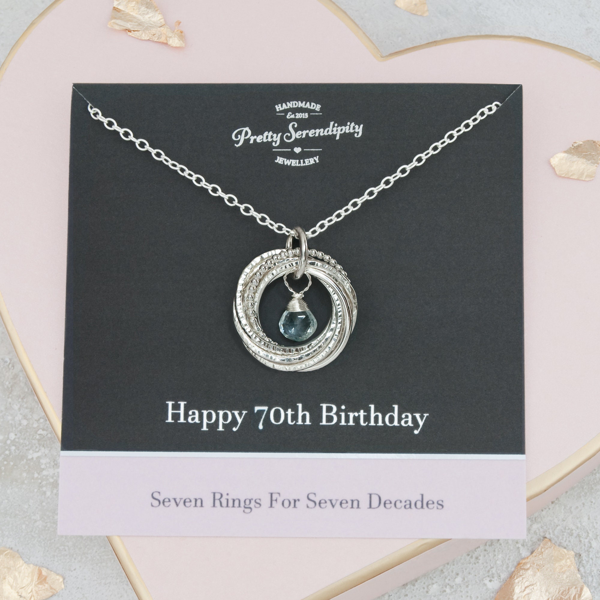 70Th Birthday Birthstone Necklace - Textured Sterling Silver, 7 Rings For Decades, Gift Her