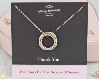 4 Rings For 4 Decades of Service Necklace - Female Employee Gifts - 40 Year Work Anniversary - Retirement Jewelry - Silver & 14ct Gold Fill