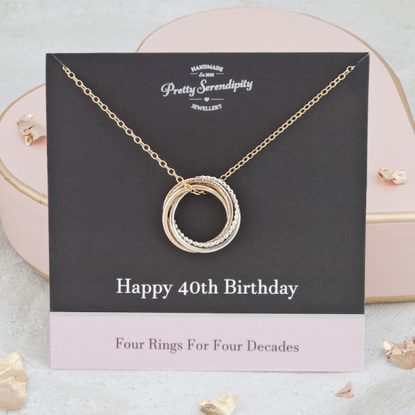 40th Birthday Mixed Metal Necklace - 40th Birthday Gift - 4 Rings For 4 Decades - Silver and 14ct Gold Fill